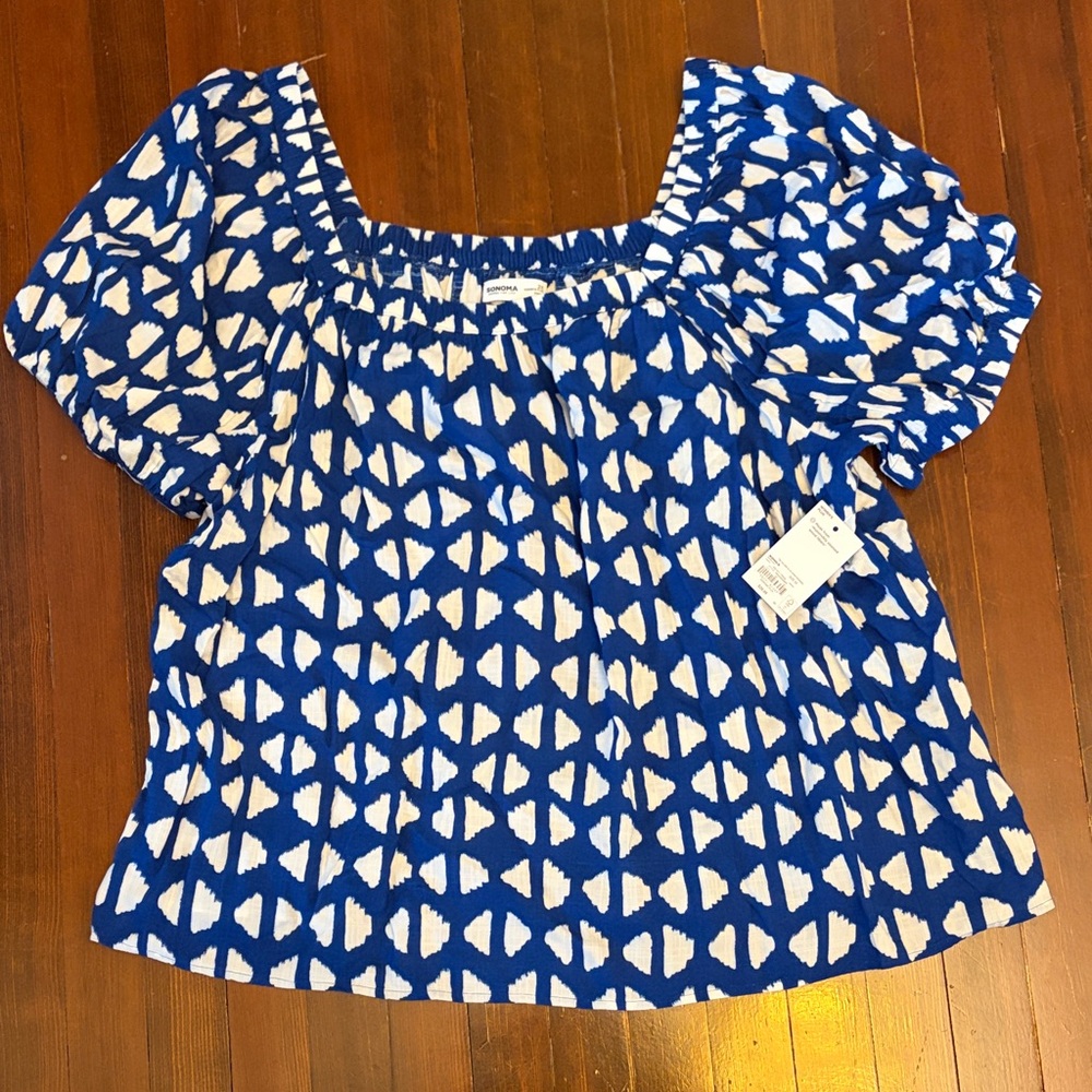 NWT Sonoma Blue and White Smocked Square-Neck Peasant Top
